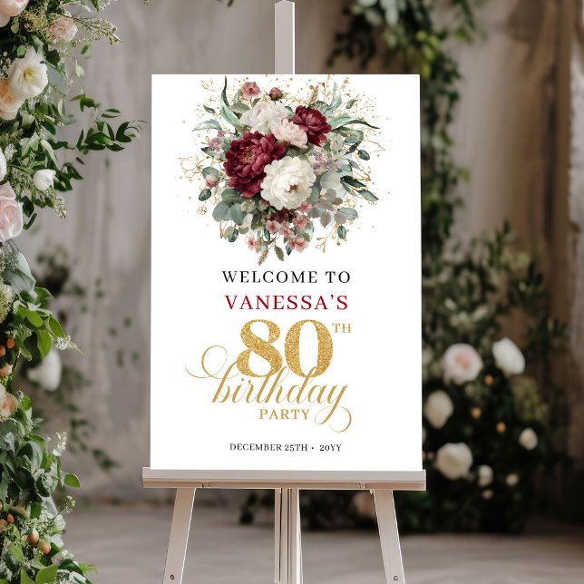 Poster Cartaz de Boas-Vindas Boho Deep Red Floral para 80 (Boho Deep Red Floral 80th Birthday Welcome Poster)