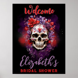 Poster Cartaz de Boas-Vindas Caveira Floral Vermelho/Roxo