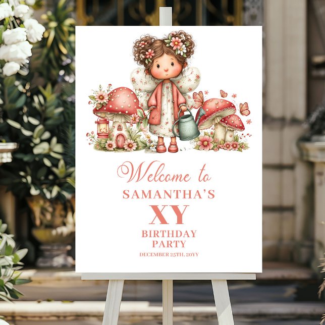 Poster Cartaz de Boas-Vindas com Flores Rosadas para o 2º (Pink Fairy 2nd Birthday Blush Flowers Welcome Sign)