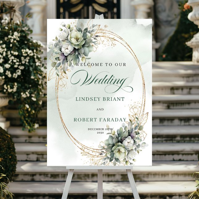 Poster Cartaz de Boas-Vindas com Rosas Brancas Botânicas  (Modern Botanical White Roses Welcome Poster)