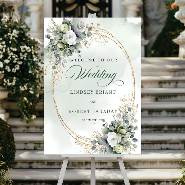 Poster Cartaz de Boas-Vindas com Rosas Brancas Rústicas e (Rustic White Roses Greenery Welcome Poster)