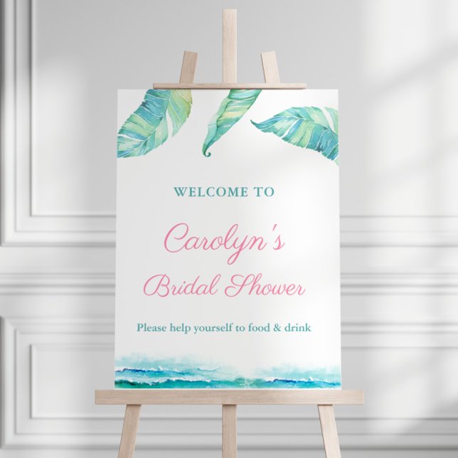 Poster Cartaz de Boas-Vindas da Festa de Chá de Noiva na  (Tropical theme Aqua pink bridal shower party welcome sign)