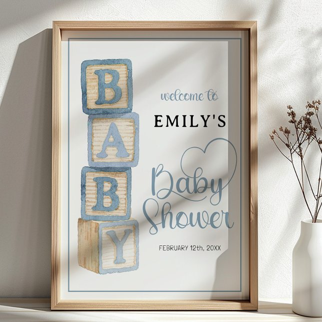 Poster Cartaz de Boas-Vindas de Blocos de Bebê Azul Empoe (Baby Shower Welcome Sign)