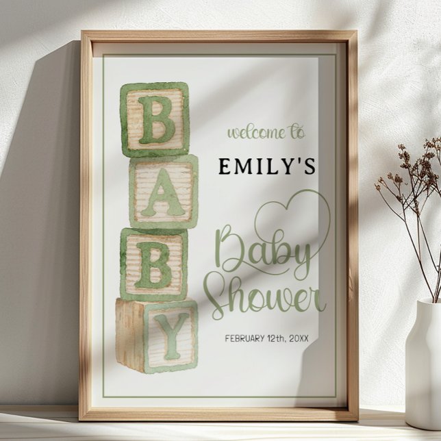 Poster Cartaz de Boas-Vindas de Blocos de Bebê Sage (Baby Shower Welcome Sign)