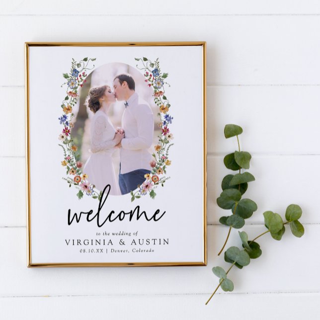Poster Cartaz de Boas-Vindas de Casamento Floral Colorido (Colorful Floral Welcome Sign Wedding Poster by Painted Paperie
)