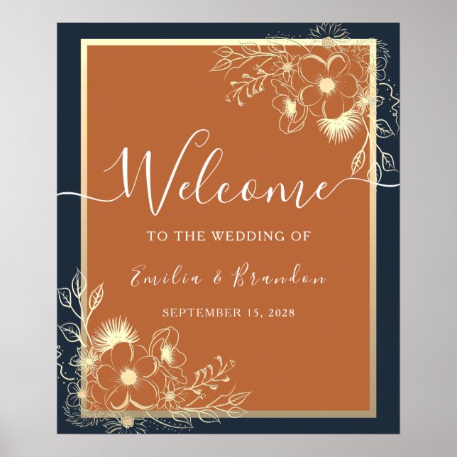 Poster Cartaz de Boas-Vindas de Casamento Floral Dourado (Frente)