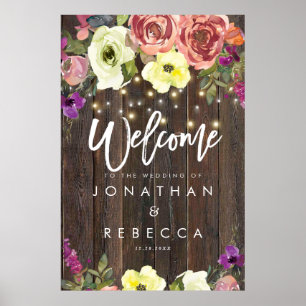 Poster cartaz de boas-vindas de casamento floral em madei