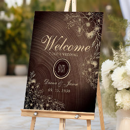Poster Cartaz de Boas-Vindas de Casamento Floral em Madei