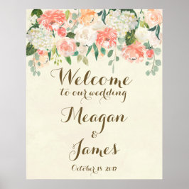 Póster cartaz de boas-vindas de casamento floral em tons
