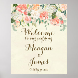 Póster cartaz de boas-vindas de casamento floral em tons 