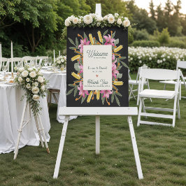 Poster Cartaz de Boas-Vindas de Casamento Floral Preto Lí