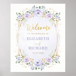 Poster Cartaz de Boas-Vindas de Casamento Floral Roxo Ele