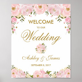 Poster Cartaz de Boas-Vindas de Casamento Rosa Floral Chi
