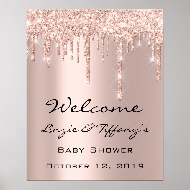 Poster Cartaz de Boas-Vindas de Casamento Rose Drips Chás (Frente)
