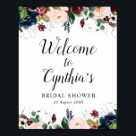 Poster cartaz de boas-vindas de chá de panela floral burg<br><div class="desc">belas flores em aquarela burgundy e azul marinho. O texto e as cores neste cartaz podem ser editados.</div>