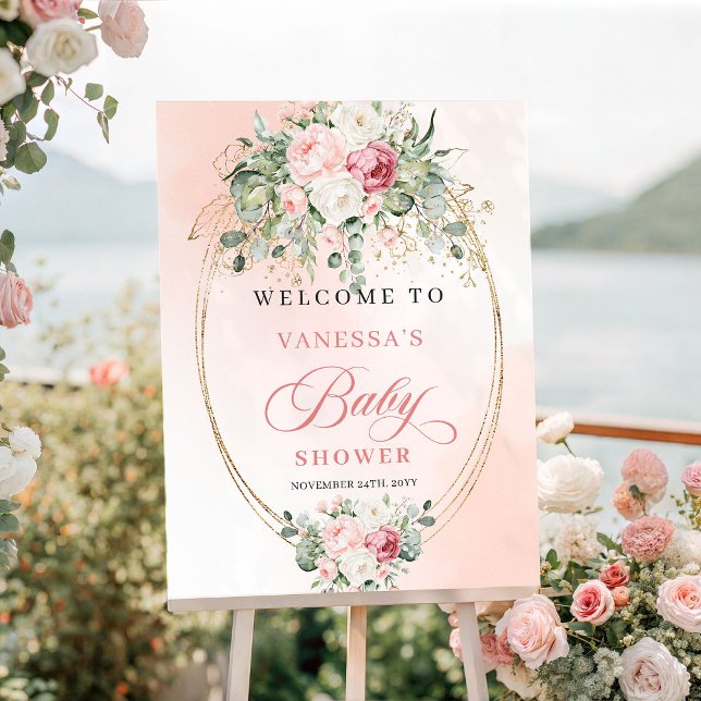 Poster Cartaz de Boas-Vindas de Chás de Bebê com Rosas Ro (Modern Boho Blush Roses Baby Shower Welcome Poster

)
