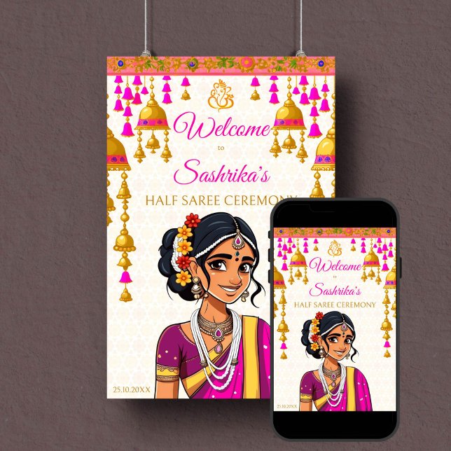 Poster Cartaz de boas-vindas de meia cerimônia de Saree (Half saree ceremony welcome sign poster instant download cute Indian girl cerise gold bells Ganesha)