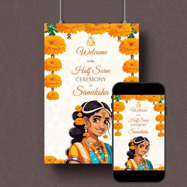 Poster Cartaz de boas-vindas de meia cerimônia de Saree (Half saree ceremony welcome sign poster instant download cute Indian girl in sari with marigolds)