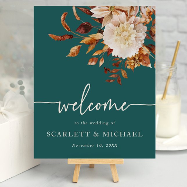 Poster Cartaz de Boas-Vindas de Outono Rústico (Rustic Fall Watercolor Floral Welcome Sign Poster by Painted Paperie
)