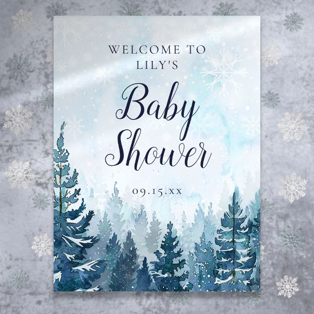 Poster Cartaz de Boas-Vindas do Chuveiro de Bebê Floresta (Winter Pine Tree Forest Baby Shower Welcome Poster)