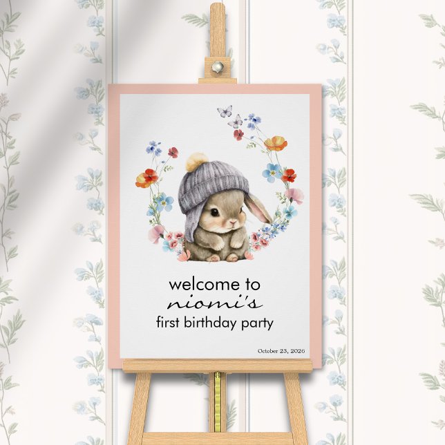 Póster Cartaz de Boas-Vindas do Primeiro Aniversário Bunn (Bunny Floral First Birthday Welcome Sign 1)