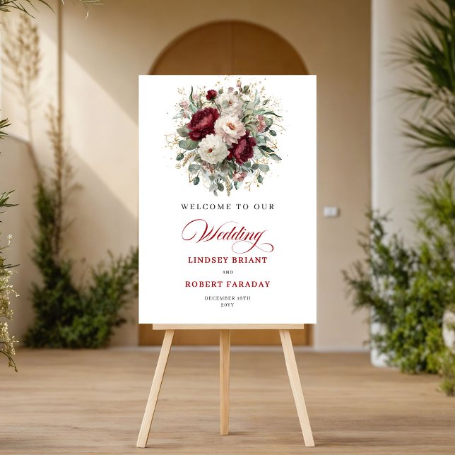 Poster Cartaz de Boas-Vindas Floral Burgundy Sofisticado  (Sophisticated Burgundy Floral Gold Welcome Poster)