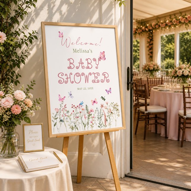 Poster Cartaz de Boas-Vindas para Chá de Bebê da Menina F (Welcome guests beautifully with this wildflower baby shower entrance poster)