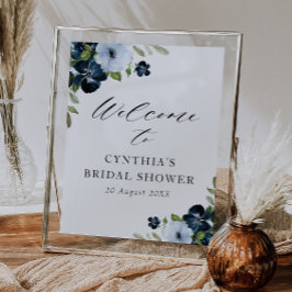 Poster cartaz de boas-vindas para chá de noiva floral azu