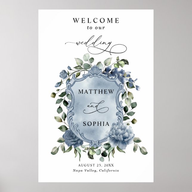 Poster Cartaz de Brasão de Casamento Floral Azul Elegante (Frente)