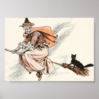Póster Cartaz de Bruxa Antiga com Vassoura e Gato