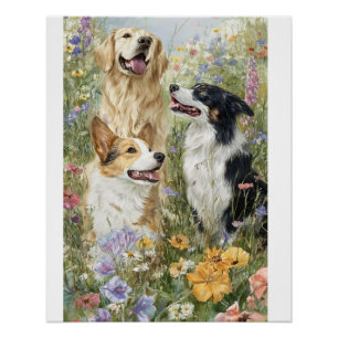 Póster Cartaz de Cães em Flores Silvestres