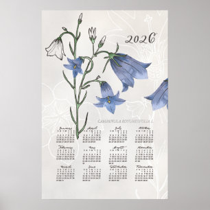 Poster Cartaz de Calendário 2026 Floral Azul Campainha