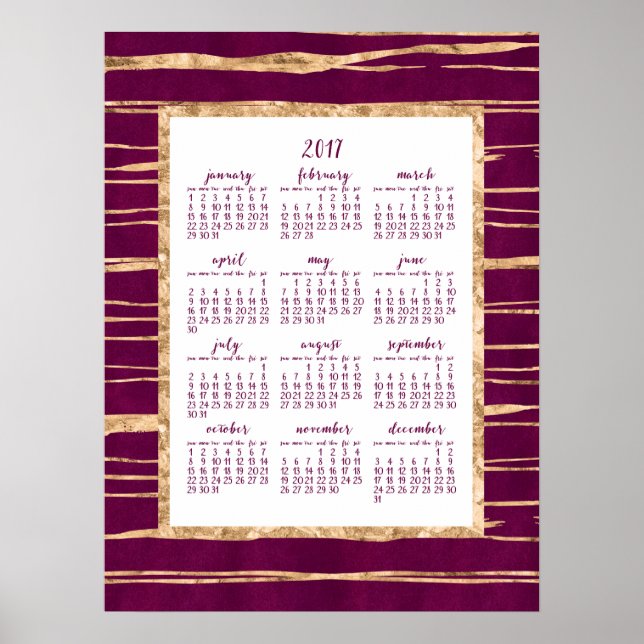 Póster Cartaz de Calendário Anual de 2017 em Magenta e Do (Frente)