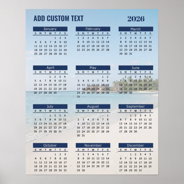 Poster Cartaz de Calendário de Praia 2026 com Texto Perso (Frente)
