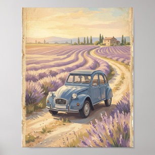 Poster Cartaz de Carro Francês Antigo em Campo de Lavanda