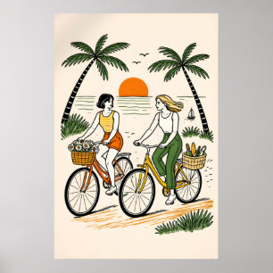 Poster Cartaz de Casal de Bicicleta na Praia Retro, Verão
