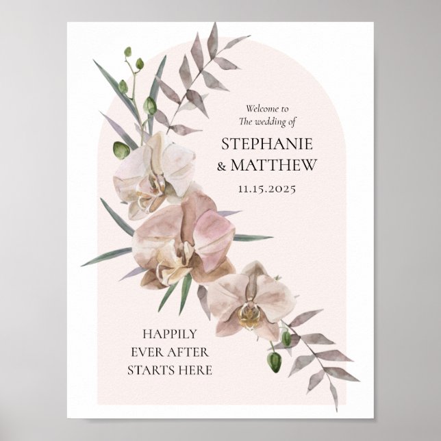 Poster Cartaz de Casamento Boho Arco Orquídeas Empoeirada (Frente)