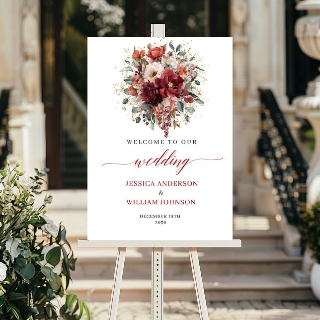 Poster Cartaz de casamento de flores de outono Boho Borgo (Autumn Burgundy Flowers Boho Greenery Wedding Welcome

)
