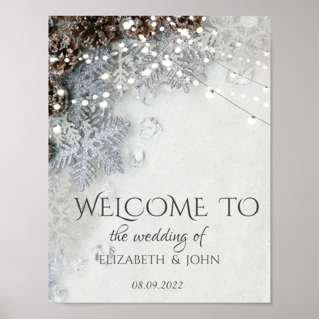 Poster Cartaz de Casamento de Pinha e Flocos de Neve (Frente)