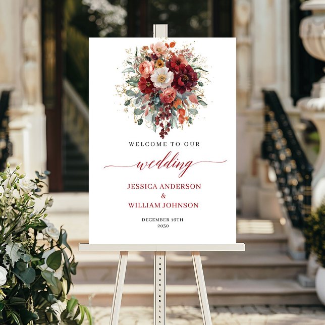 Poster Cartaz de casamento floral boho outonal de cor bur (Autumn Maroon Floral Boho Eucalyptus Wedding Welcome

)