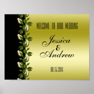 Póster Cartaz de Casamento Floral Romântico Dourado e Pre