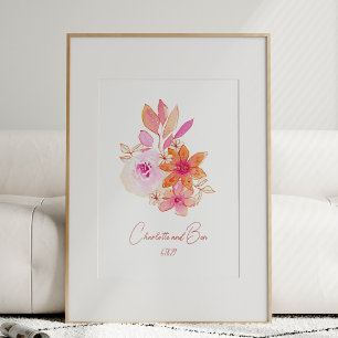 Poster Cartaz de casamento personalizado com flores Boho