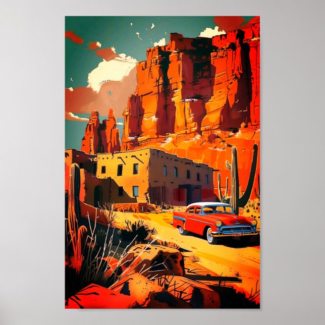 Poster Cartaz de Cena do Deserto com Carro Antigo (Frente)