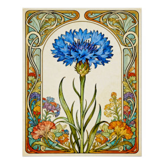 Póster Cartaz de Centáurea em estilo Art Nouveau.