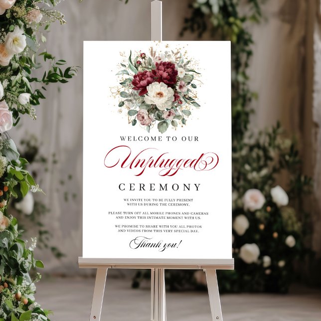 Poster Cartaz de Cerimônia Desconectada Rosa Luxo Borgonh (Luxury Blush Burgundy Unplugged Ceremony Sign)