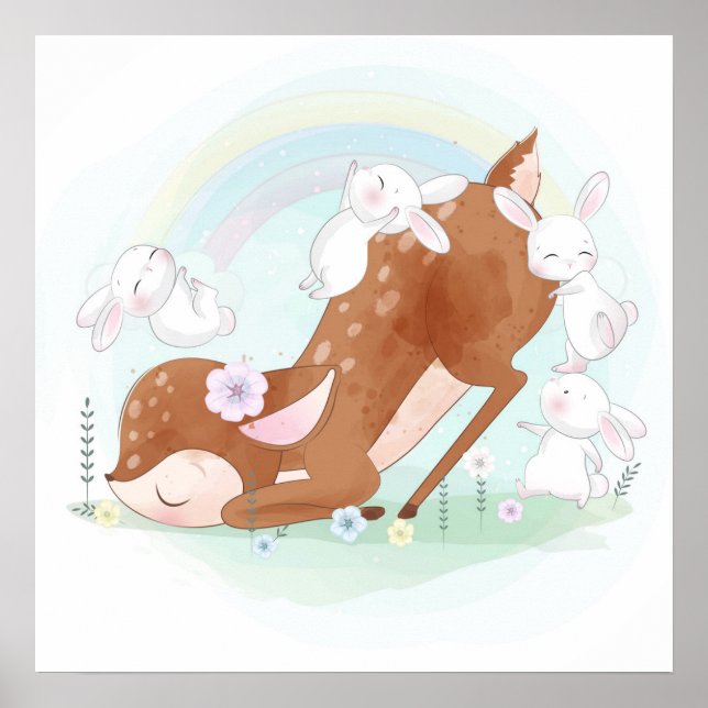 Poster Cartaz de cervos bebês com coelhinhos bebês (Frente)
