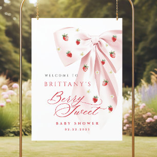 Poster Cartaz de Chá de Bebê Morango com Laço Rosa
