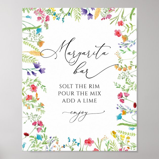 Poster Cartaz de Chá de Noiva com Margarita Bar Flor Silv (Frente)
