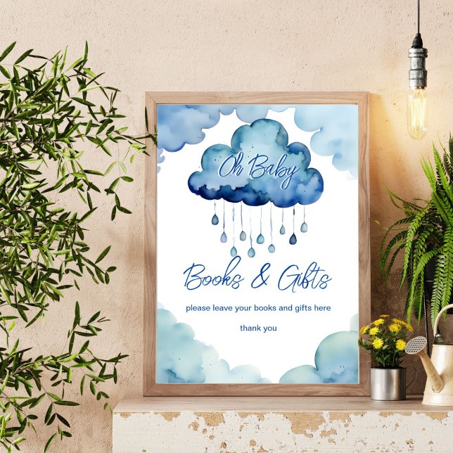 Poster Cartaz de chás de fraldas de nuvens e presentes (Oh Baby cloud baby shower books and gifts table sign cute blue whimsical cloud sign)