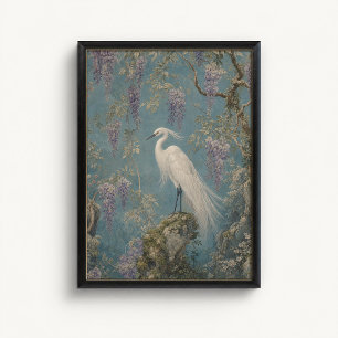 Poster Cartaz de Chinoiserie de Wisteria com Garça Branca